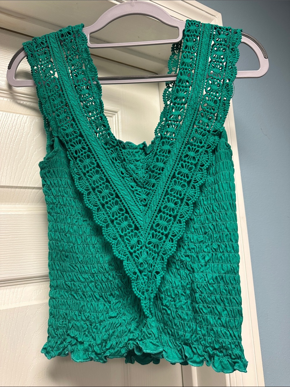 Green Crochet V-Neck Smocked Tank